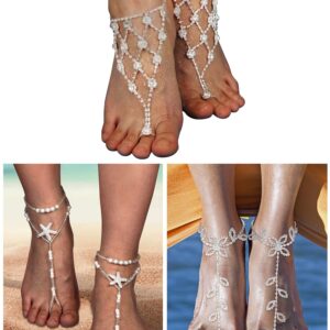 Hicarer 6 Pieces Foot Jewelry Barefoot Sandals for Women Rhinestone Anklets Bohemian Foot Chain for Beach Wedding Valentine's Day