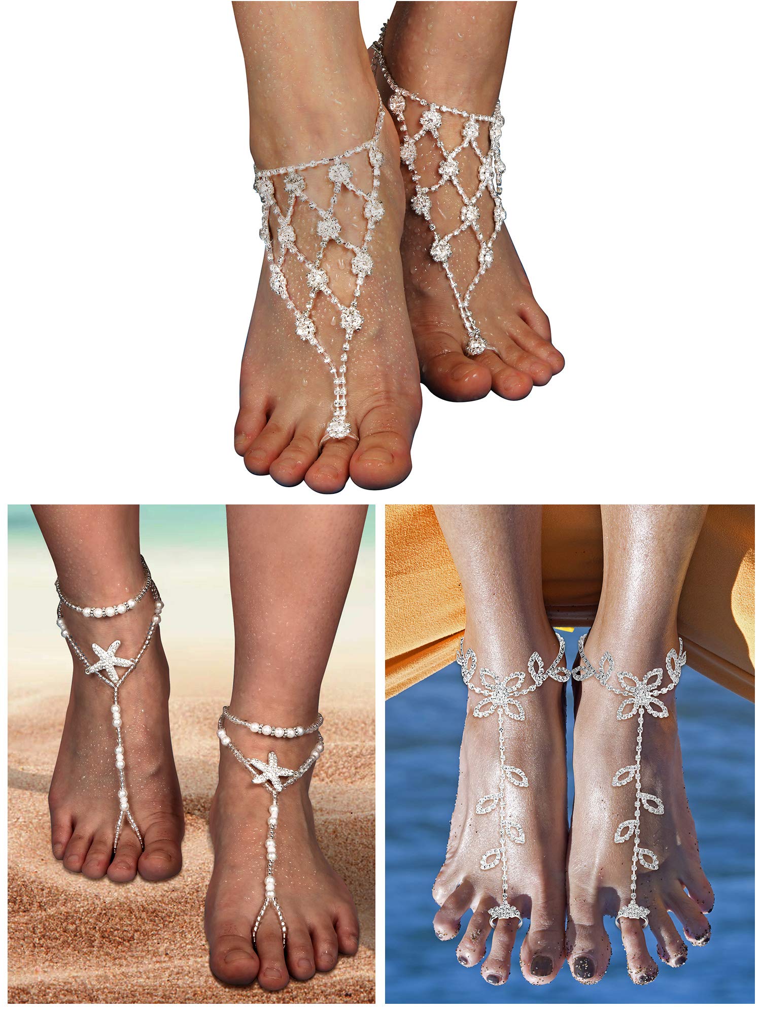 Hicarer 6 Pieces Foot Jewelry Barefoot Sandals for Women Rhinestone Anklets Bohemian Foot Chain for Beach Wedding Valentine's Day