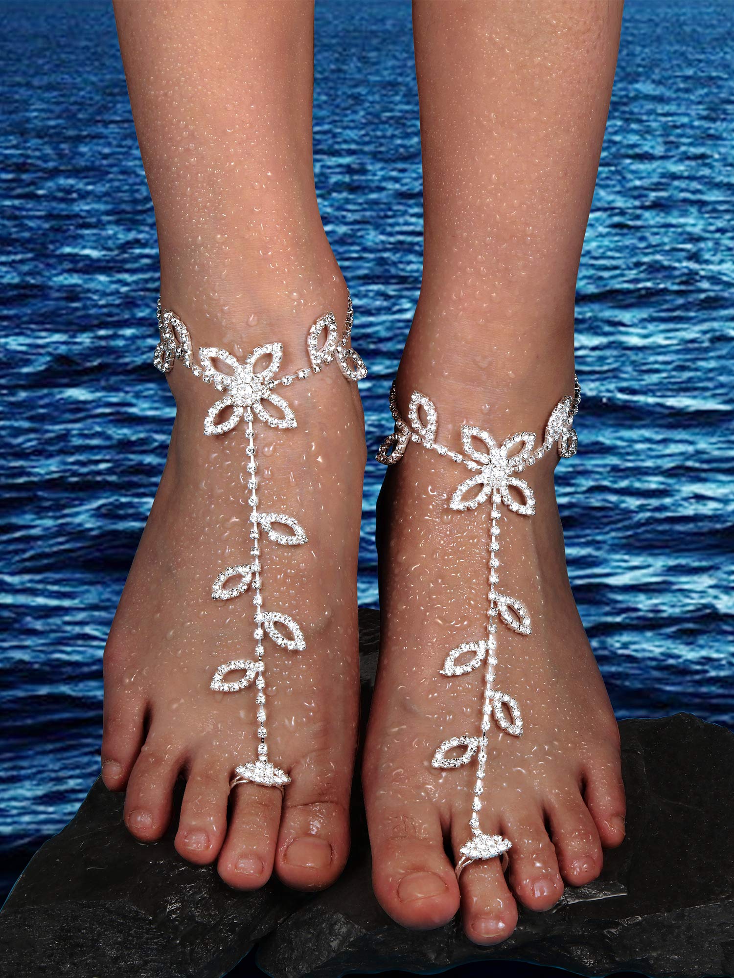 Hicarer 6 Pieces Foot Jewelry Barefoot Sandals for Women Rhinestone Anklets Bohemian Foot Chain for Beach Wedding Valentine's Day