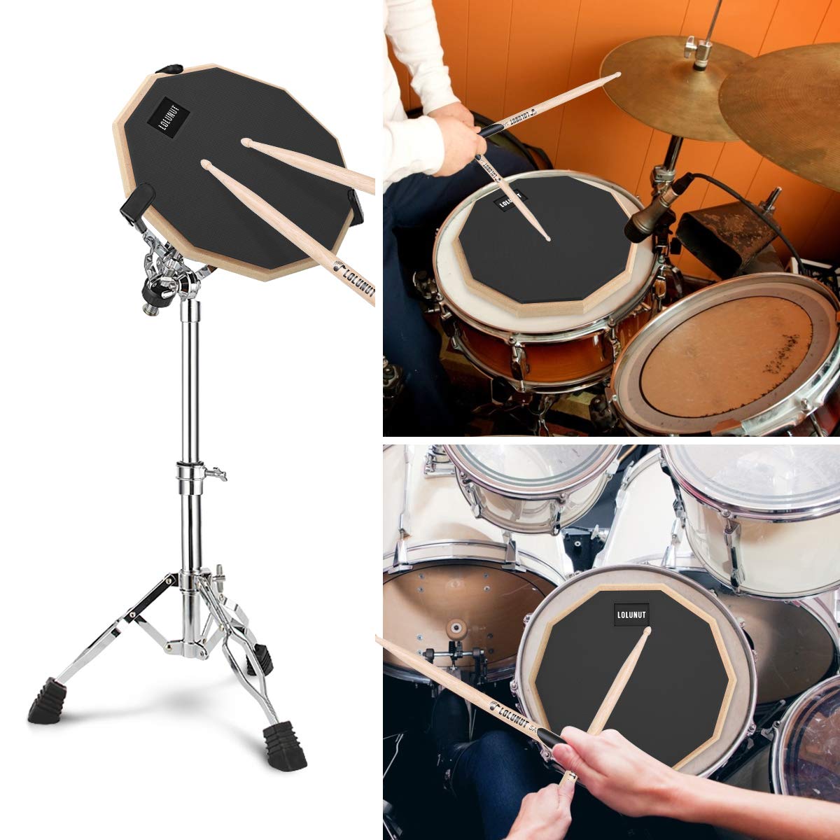 LOLUNUT 12 Inch Silent Drum Pad,Dumb Drum Beginner Rubber Practice Pad,with 5A Drum Sticks & Storage Bag(Black)