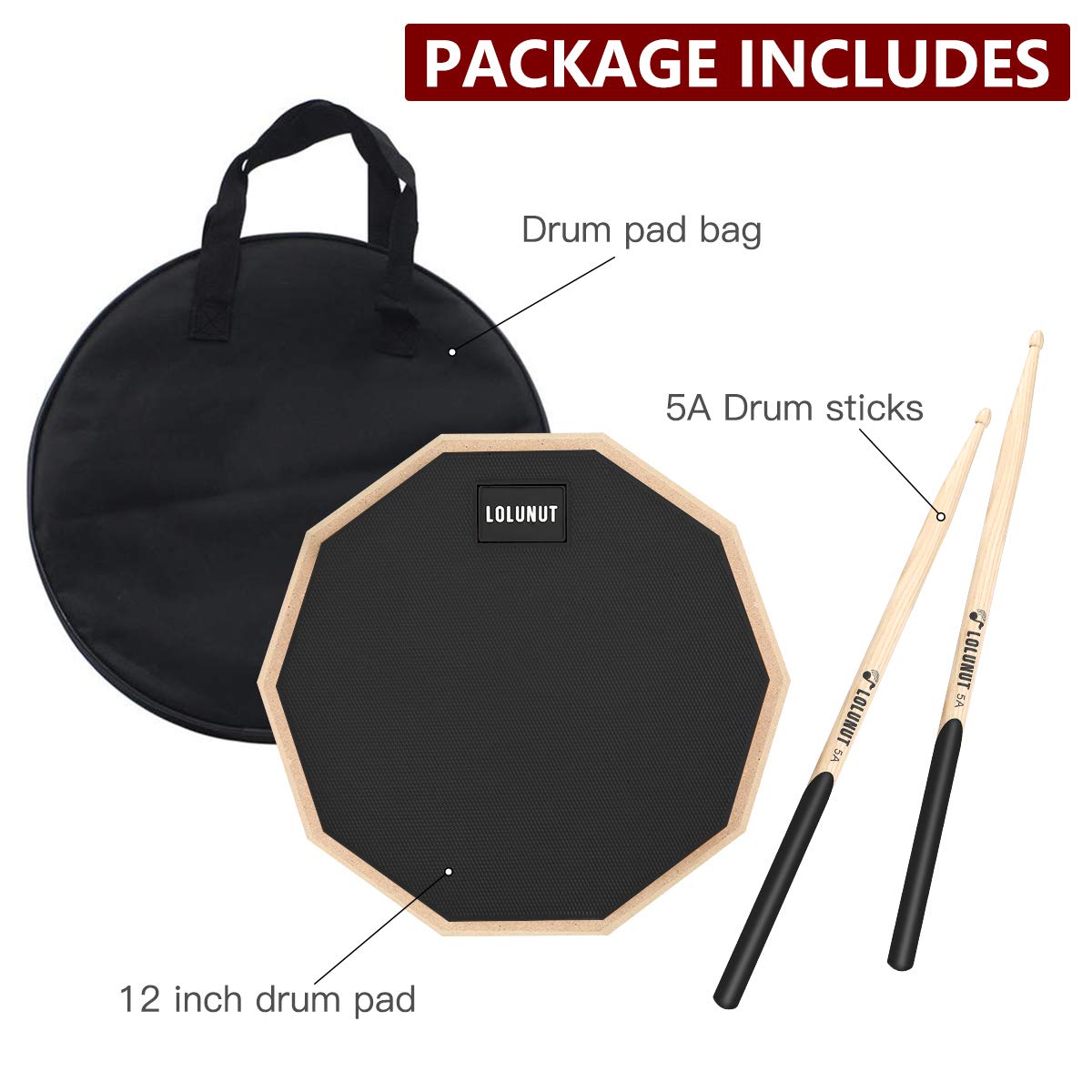 LOLUNUT 12 Inch Silent Drum Pad,Dumb Drum Beginner Rubber Practice Pad,with 5A Drum Sticks & Storage Bag(Black)