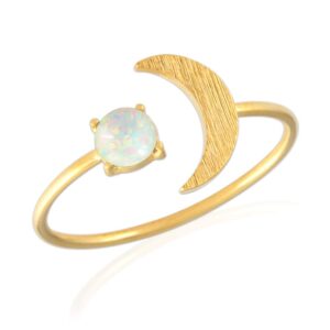 LAONATO 14K Gold Plated Created Opal and Crescent Moon Ring for Women Adjustable Size (White)