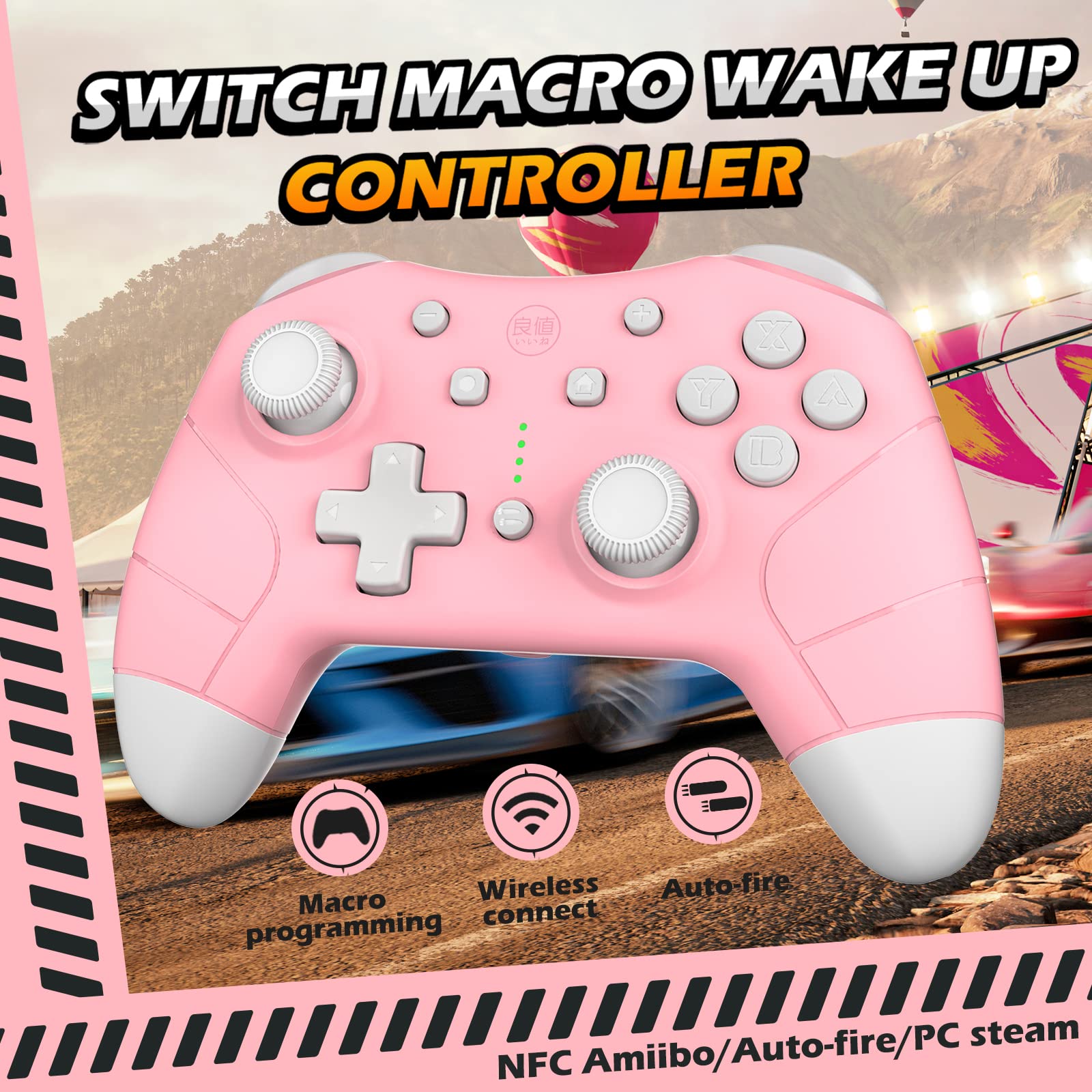 IINE Wireless Controller for Nintendo Switch/Lite/OLED, Updated Switch Pro Controller with Headset Jack, Switch Controller with Marcon Setting, Wake-Up, Auto-Fire Turbo, Motion, Vibration- Pink