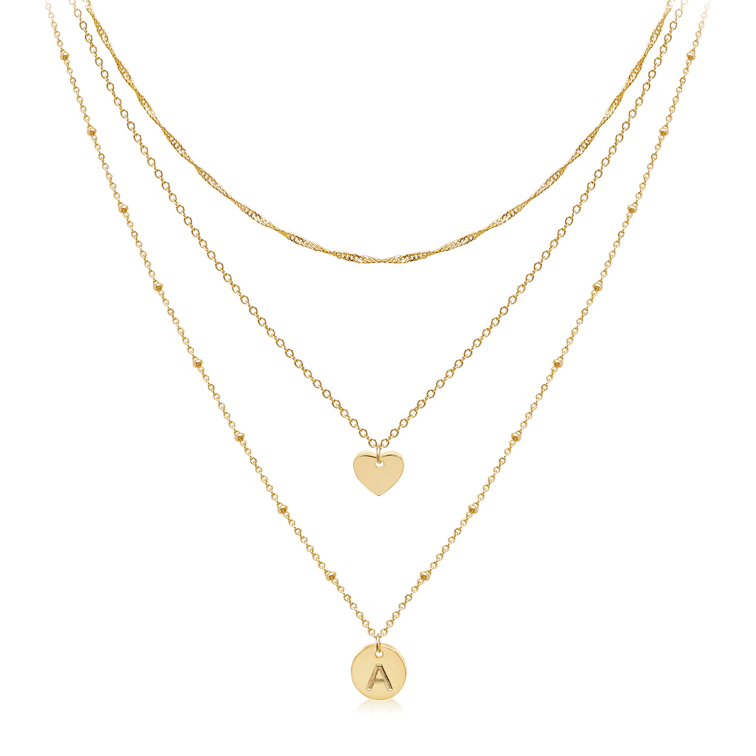 Aisansty Layered Gold Heart Initial Necklaces for Women 14K Gold Plated Handmade Dainty Tiny Heart Personalized Letter Coin Pendant Adjustable Layering Chain Choker Necklaces,A Necklace