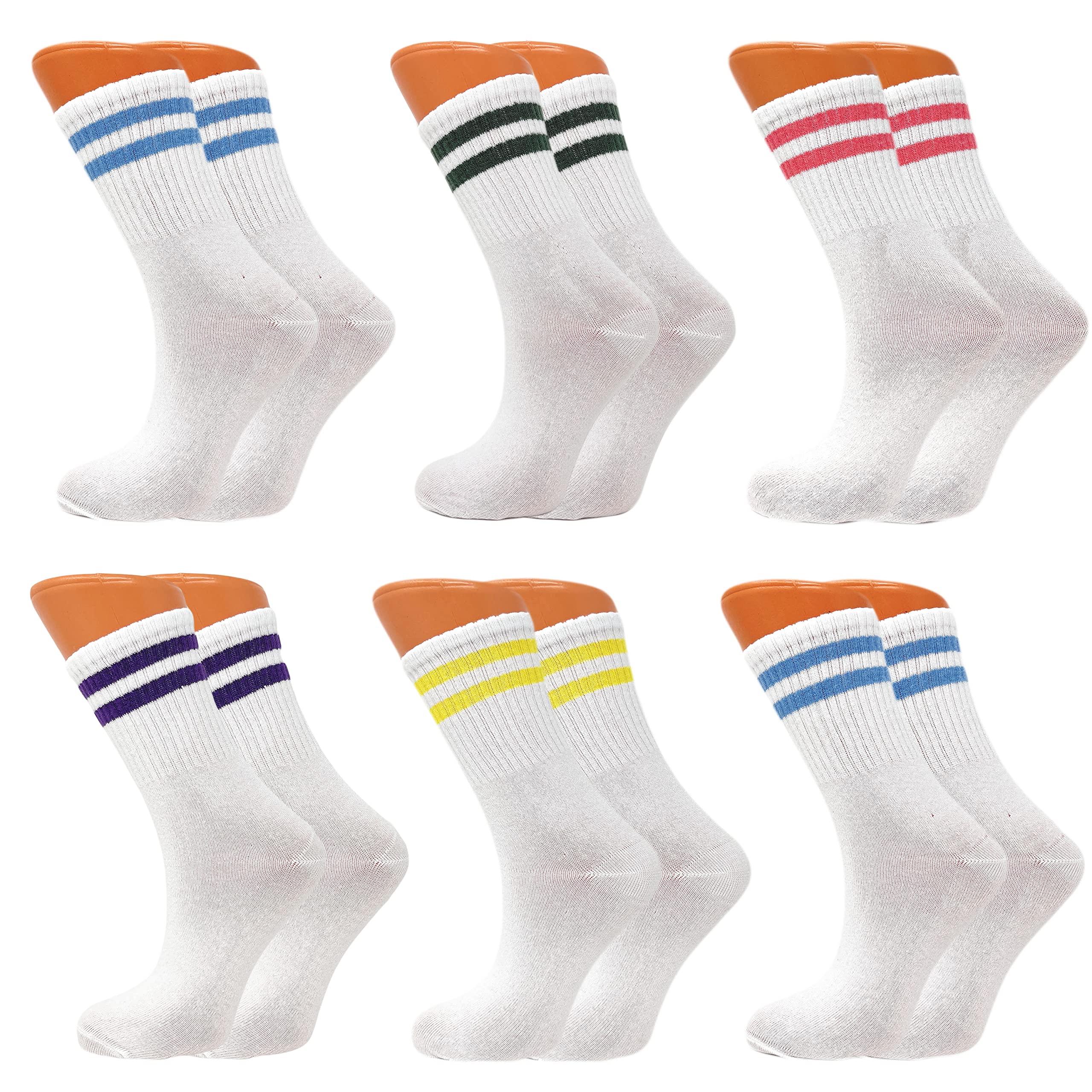 AWS/American Made Tennis Crew Socks for Women Cotton Athletic Striped Extra Thin 6 Pairs Shoe Size 5 to 10 (Style 1)