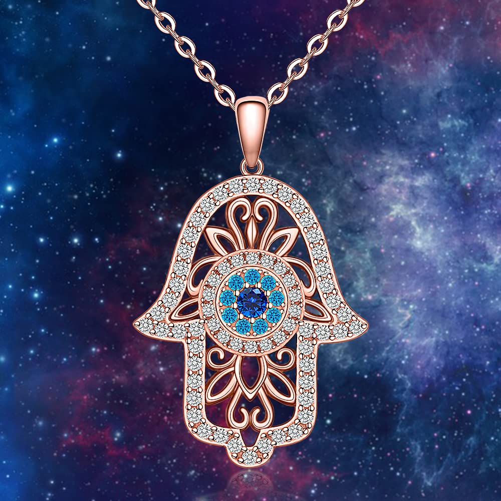 Hamsa Hand Evil Eye Necklace 925 Sterling Silver Rose Gold Plated Vintage Fatima Hand Good Luck Women Pendant Necklace