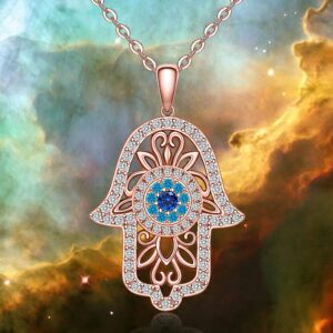 Hamsa Hand Evil Eye Necklace 925 Sterling Silver Rose Gold Plated Vintage Fatima Hand Good Luck Women Pendant Necklace