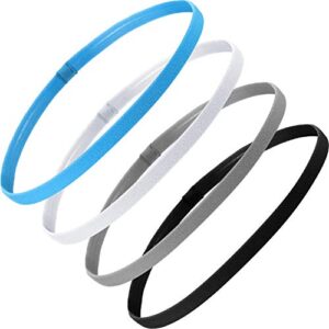 bememo 4 pieces thick non-slip elastic sport headbands hair headbands for women and men (black, white, grey, royal blue)