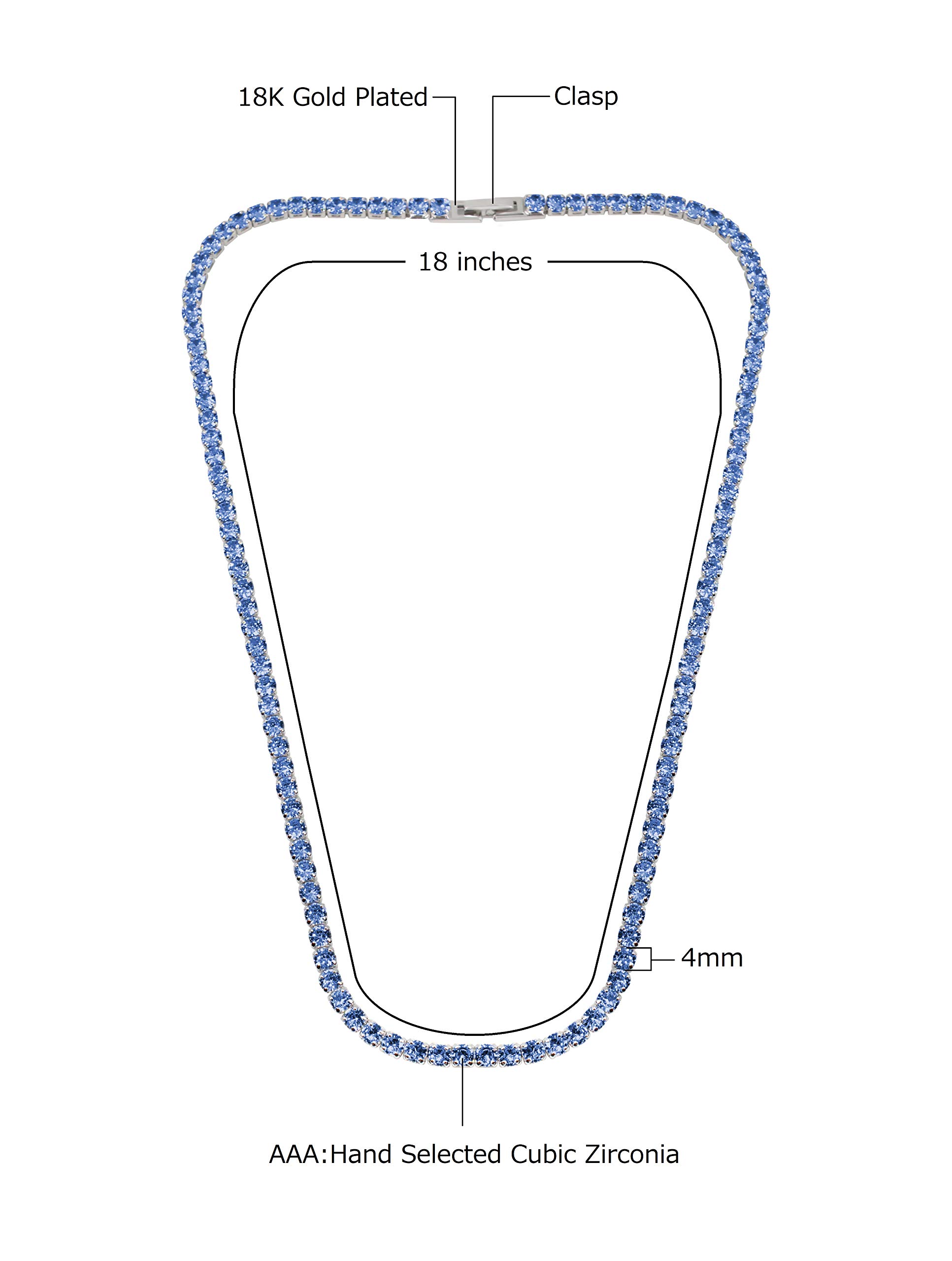 Savlano 18K White Gold Plated Blue Cubic Zirconia Round 4MM Classic Tennis 18 Inches Chain Necklace For Women Comes With a Gift Box