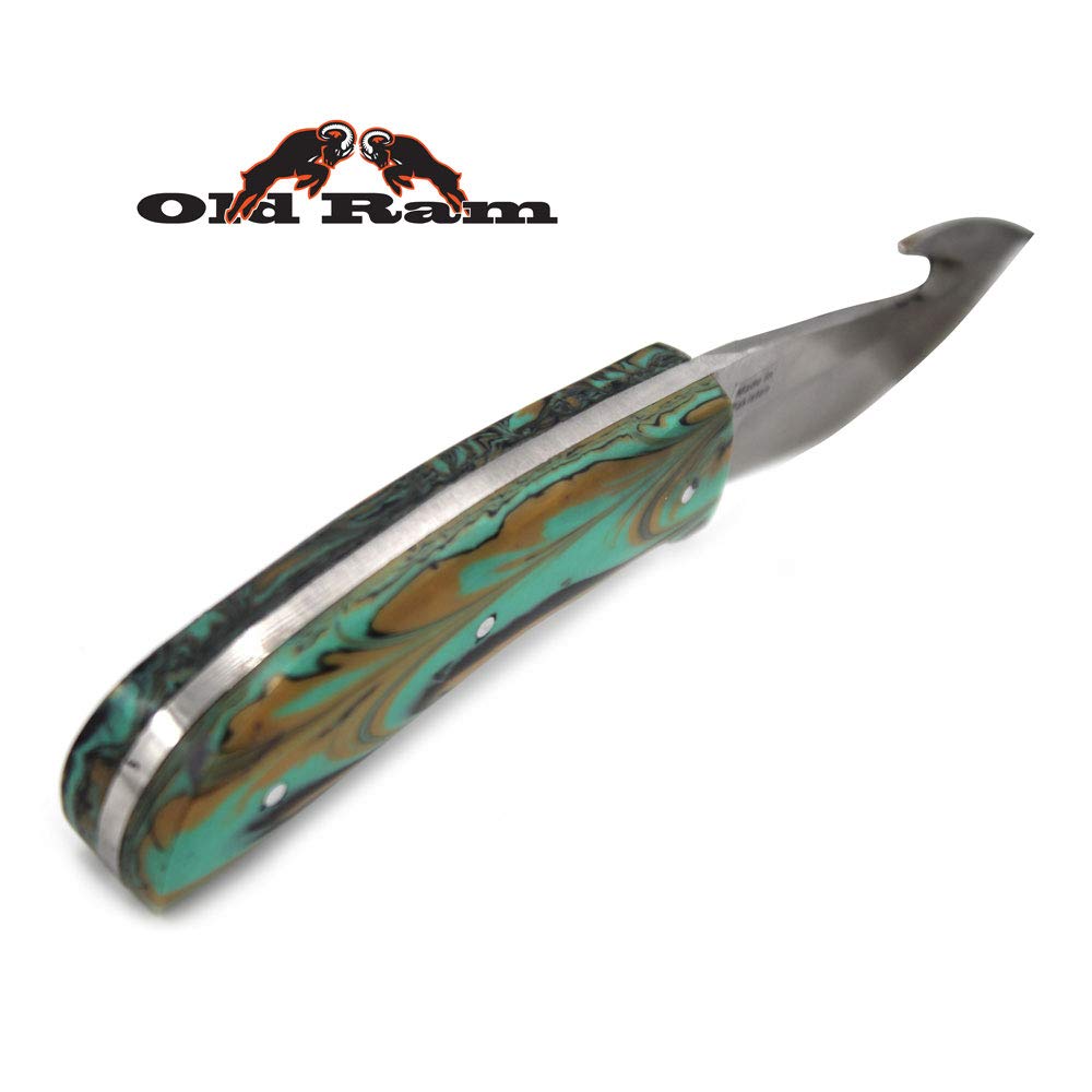 Old Ram Gut Hook Deer Skinner Fixed Blade Sharp Hunting Camping Knife w./ Leather Sheath (GP)