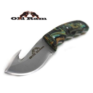 Old Ram Gut Hook Deer Skinner Fixed Blade Sharp Hunting Camping Knife w./ Leather Sheath (GP)