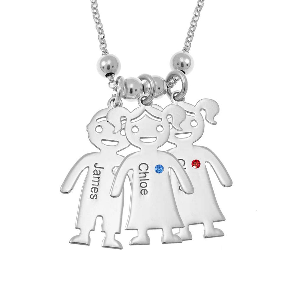 Funcok Personalized Sterling Silver Children Charm Pendant Mothers Custom Name Necklace with Birthstone (Silver-3 Charm)