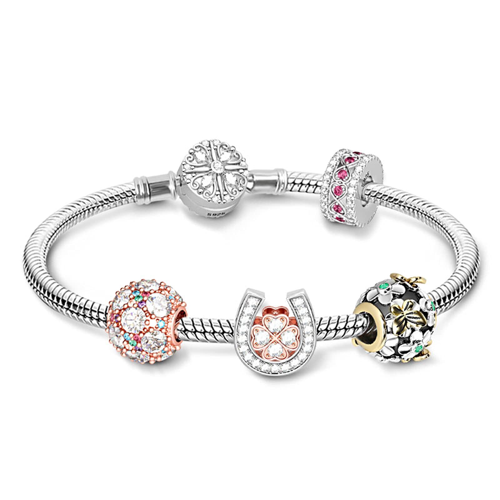 GNOCE Charm Bracelet for Women 925 Sterling Silver Snake Chain Bracelet with Flower Clusters Colorful Charm Bead Basic Charm Bangle with Clasp (8.3)