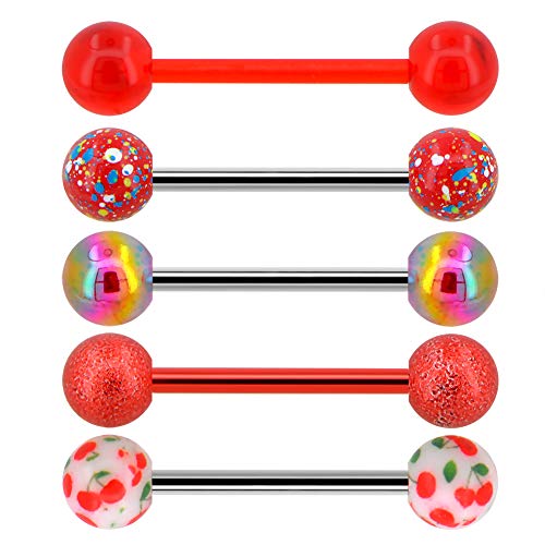 Jewseen Tongue Barbell 5PCS 14G 316L Stainless Steel Tongue Rings Cherry Painting Pattern Red Splatter Acrylic Balls Tongue Bars Piercing for Women