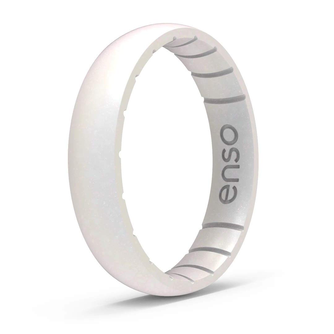 Enso Rings Thin Birthstone Silicone Ring – Unisex Wedding Engagement Band – Comfortable Breathable Band - 4.3mm Wide, 1.75mm Thick (Opal, 7)