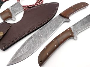 nooraki bk-55 handmade damascus hunting bowie knife full tang with leather sheath