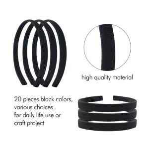 Lawie 20 Pack 0.5 Inch Black Plain Cloth Covered Thin Hard Plastic Headbands Elastic Skinny Hairband Flexible Hair Hoop Holder Clasp Tiara Crown Base Headpieces Crafts DIY Accessories for Women Girls