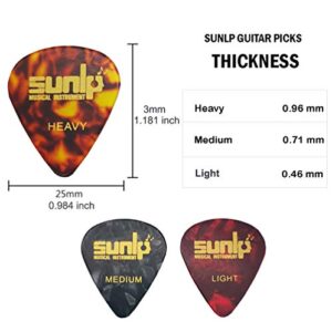 Premium Guitar Picks 24pcs Thin Medium Heavy Gauge Variety Pack with Picks Holder Plastic Picks Box SUNLP Celluloid Guitar Picks for Acoustic Classical Electric Guitar Bass 0.46mm & 0.71mm & 0.96mm