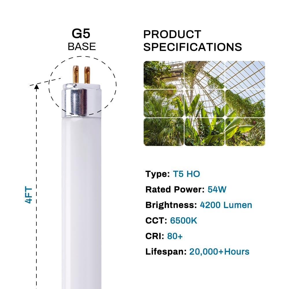 F54T5/865/HO Fluorescent Tube Light Bulb, 46 Inch, 54W, 6500K Daylight, 4200 Lumens, High Output, G5 Bi-Pin Base, 4FT T5 Grow Light Bulbs - 5 Pack