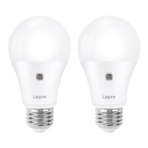 lepro dusk to dawn light bulbs outdoor lighting, auto on/off, light sensor led bulbs, 60 watt equivalent, non-dimmable, a19 e26 medium screw base, 9w 806 lumens, daylight white, pack of 2