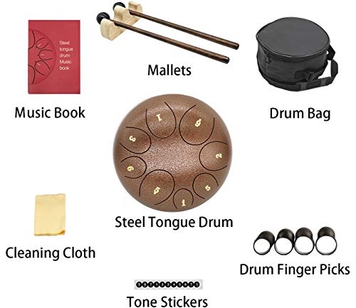 Steel Tongue Drum Tank Drum - Standard C Key 8 Notes 8 inches Pan Drum - Percussion Instrument with Drum Mallets -Handpan Drum with Bag, Music Book, Finger Picks for Camping, Meditation, or Yoga