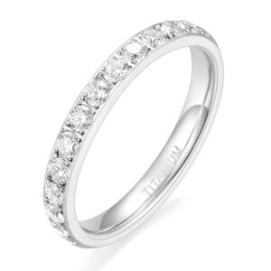 tigrade 3mm women titanium engagement ring half cubic zirconia eternity wedding band size 3-13, silver, size 7