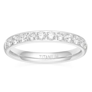 TIGRADE 3mm Women Titanium Engagement Ring Half Cubic Zirconia Eternity Wedding Band Size 3-13, Silver, Size 7