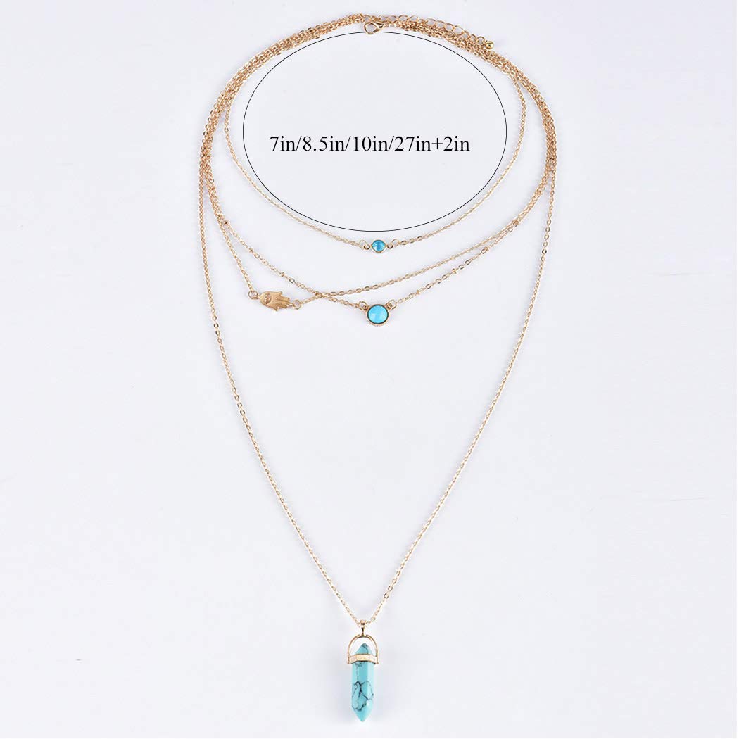 Boaccy Boho Layered Turquoise Pendant Necklace Crystal Necklaces Hand of Fatima Necklace Chain Gold Jewelry for Women and Girls