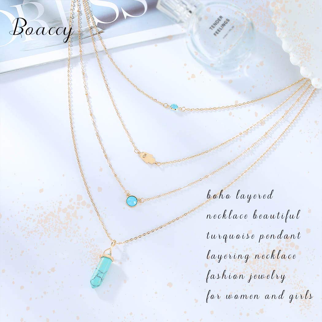 Boaccy Boho Layered Turquoise Pendant Necklace Crystal Necklaces Hand of Fatima Necklace Chain Gold Jewelry for Women and Girls