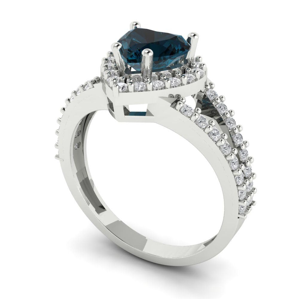 Clara Pucci 1.75 ct Heart Cut Solitaire Halo Natural London Blue Engagement Promise Anniversary Bridal Ring 14k White Gold 8.5