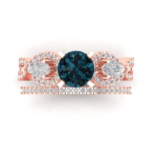 Clara Pucci 2ct Round Cut Solitaire 3 stone Natural London Blue Topaz Engagement Promise Anniversary Bridal Ring Band set 14k Rose Gold 7