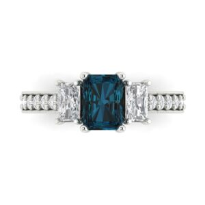 Clara Pucci 1.71ct Emerald Round Cut Solitaire 3 stone Accent Natural London Blue Topaz gemstone designer Modern Ring 14k White Gold