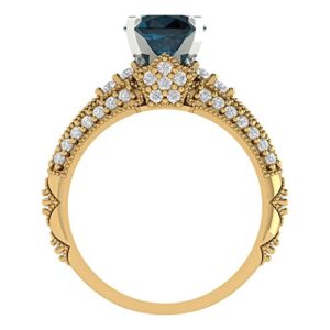 Clara Pucci 2.07ct Round Cut Pave Solitaire with Accent Natural London Blue Topaz Statement Bridal Ring Band Set 14k 2 Tone Gold 8.5