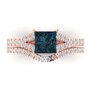 Clara Pucci 2.01ct Princess Cut Solitaire Natural London Blue Topaz Engagement Promise Anniversary Bridal Ring Band set 14k Rose Gold 3.5