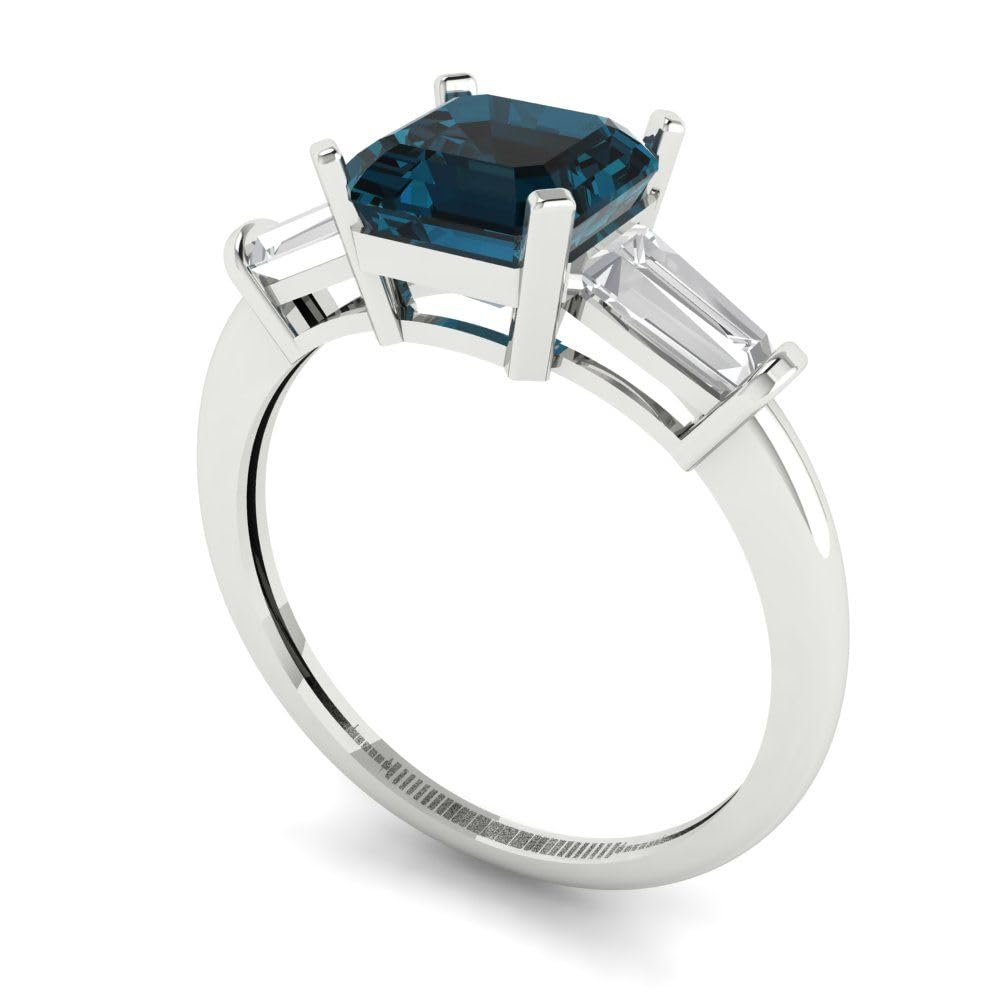 1.56ct SQ Emerald cut 3 stone Solitaire Royal Blue Topaz Wedding Bridal art deco Anniversary Ring 14k White Gold 9.25