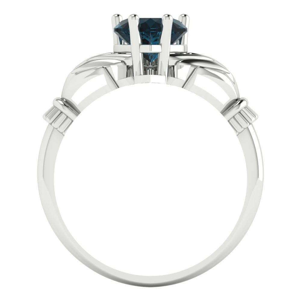 Clara Pucci 1.52ct Heart Cut Irish Celtic Claddagh Solitaire Natural London Blue Topaz gemstone designer Modern Ring 14k White Gold