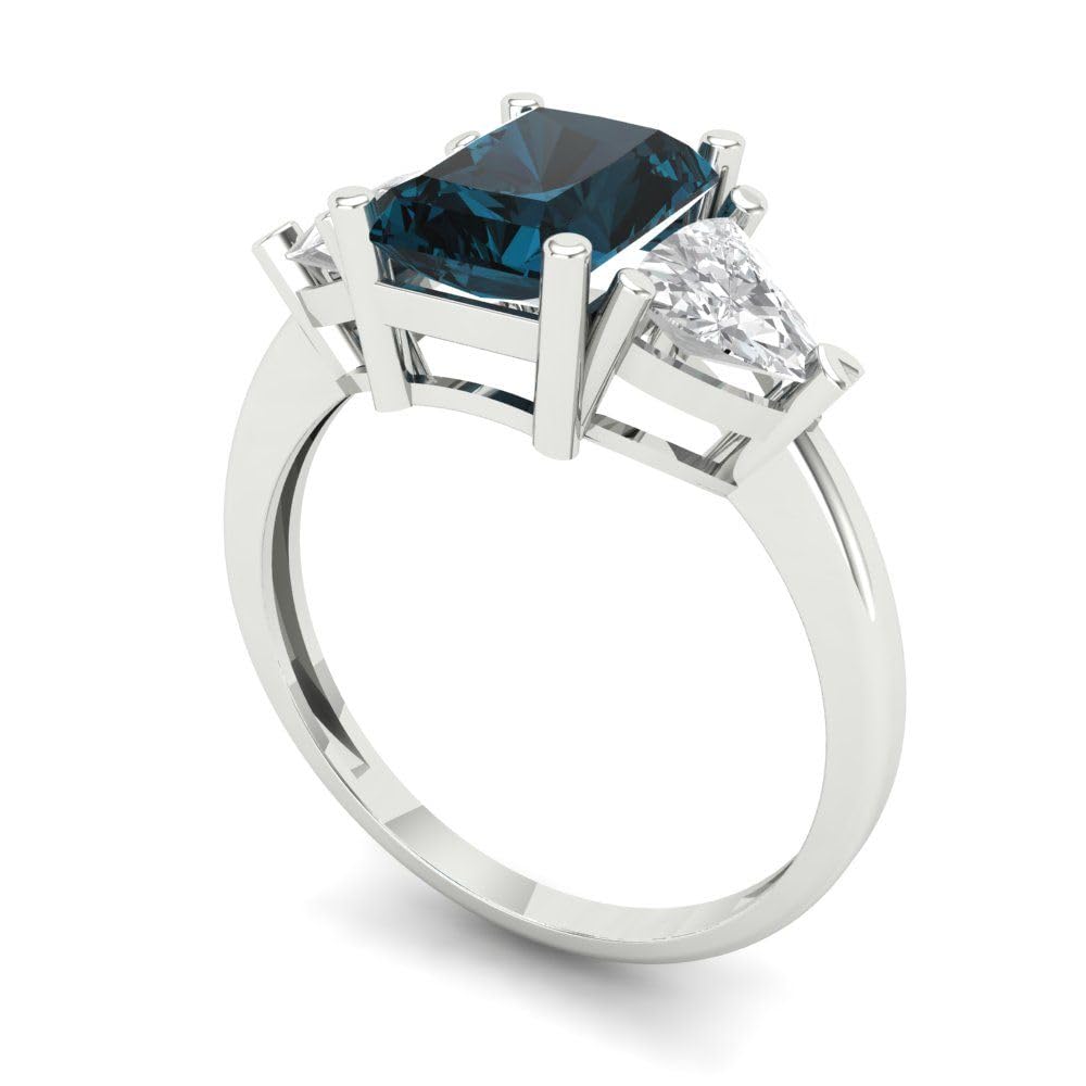 Clara Pucci 2.97ct Emerald Trillion cut 3 stone Solitaire Natural London Blue Topaz gemstone designer Modern Ring 14k White Gold