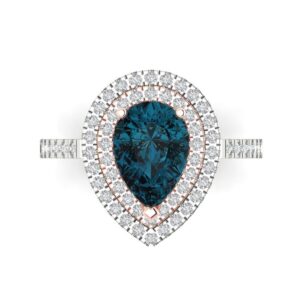 Clara Pucci 2.63ct Pear Cut Double Halo Solitaire with Accent Natural London Blue Topaz gemstone designer Modern Ring 14k 2 tone Gold