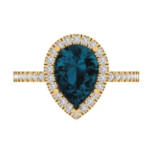 Clara Pucci 2.42ct Pear Cut Solitaire with Accent Halo Natural London Blue Topaz gemstone designer Modern Statement Ring 14k Yellow Gold