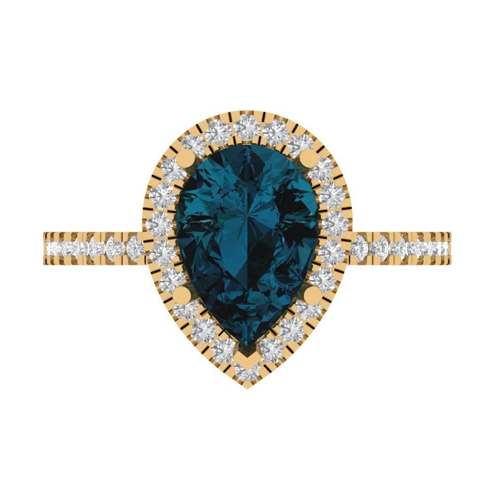 Clara Pucci 2.42ct Pear Cut Solitaire with Accent Halo Natural London Blue Topaz gemstone designer Modern Statement Ring 14k Yellow Gold