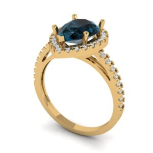 Clara Pucci 2.42ct Pear Cut Solitaire with Accent Halo Natural London Blue Topaz gemstone designer Modern Statement Ring 14k Yellow Gold