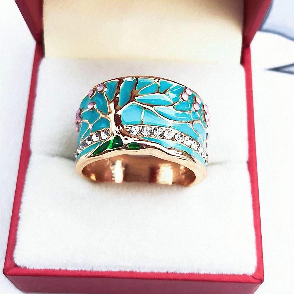 Lucky Flower Tree Rings Gold Pink Opal Green Enamel Wide Ring for Woman Party Crystal Vintage Jewelry Z0006 7