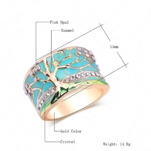 Lucky Flower Tree Rings Gold Pink Opal Green Enamel Wide Ring for Woman Party Crystal Vintage Jewelry Z0006 7