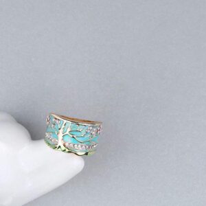 Lucky Flower Tree Rings Gold Pink Opal Green Enamel Wide Ring for Woman Party Crystal Vintage Jewelry Z0006 7