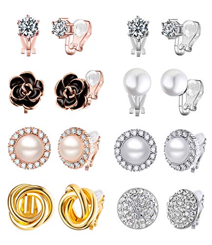 Wremily 8 Pairs Clip Earrings Set for Women Rose Flower CZ Simulated Pearl Gold Knot Clip Earrings with Rubber Pads Non Pierced Hypoallergenic Clip on Earrings Jewelry