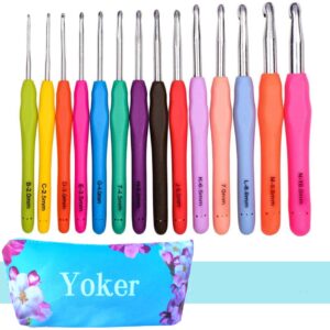 YOKER 14 Sizes Crochet Hooks Set,2mm(B)-10mm(N) Ergonomic Crochet Needles with Case Soft Grip Handles Yarn for Arthritic Hands, Extra Long Crochet Needles Kit (14 Sizes Crochet Hooks Set)