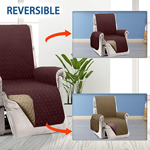 HONEST OUTFITTERS Reversible Recliner Slipcover, Water Resistant Cover with Side Pockets,Washable Recliner Protector Cover with Elastic Straps for Pets Kids Children Dog(23In,Chocolate&Beige)