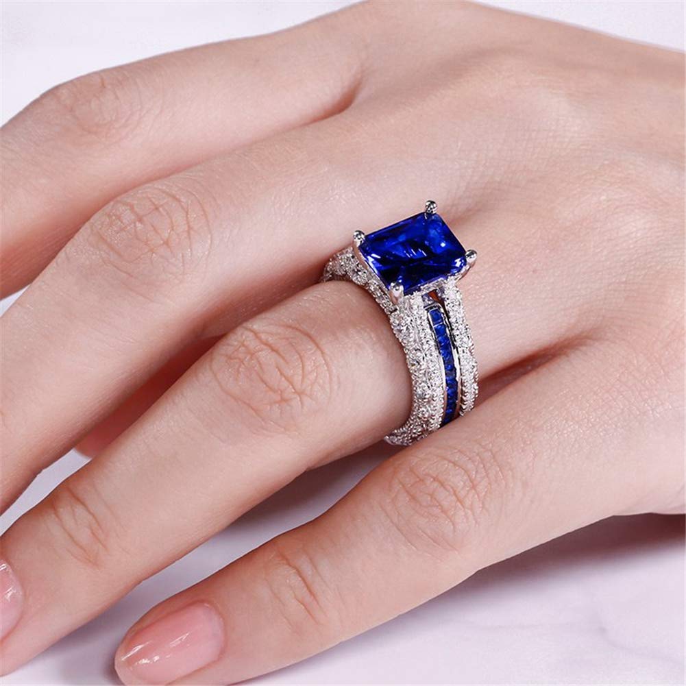 Jeulia 5.2 Carat 3PC Wedding Ring Set Radiant Cut CZ Diamond Engagement Rings Promise Anniversary Rings with Side Stones Romantic Jewelry Gift for her (Sapphire Blue, 9)