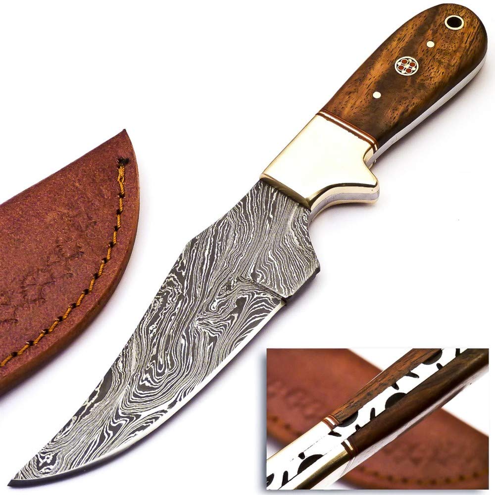 Rare Custom Damascus Full Tang Bushcraft Skinning Knife Hunting Knife | Best Quality Outdoor Knife Camping Knife | Cow Horn Handle with Free Genuine Leather Sheath (S-74)