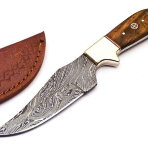 Rare Custom Damascus Full Tang Bushcraft Skinning Knife Hunting Knife | Best Quality Outdoor Knife Camping Knife | Cow Horn Handle with Free Genuine Leather Sheath (S-74)